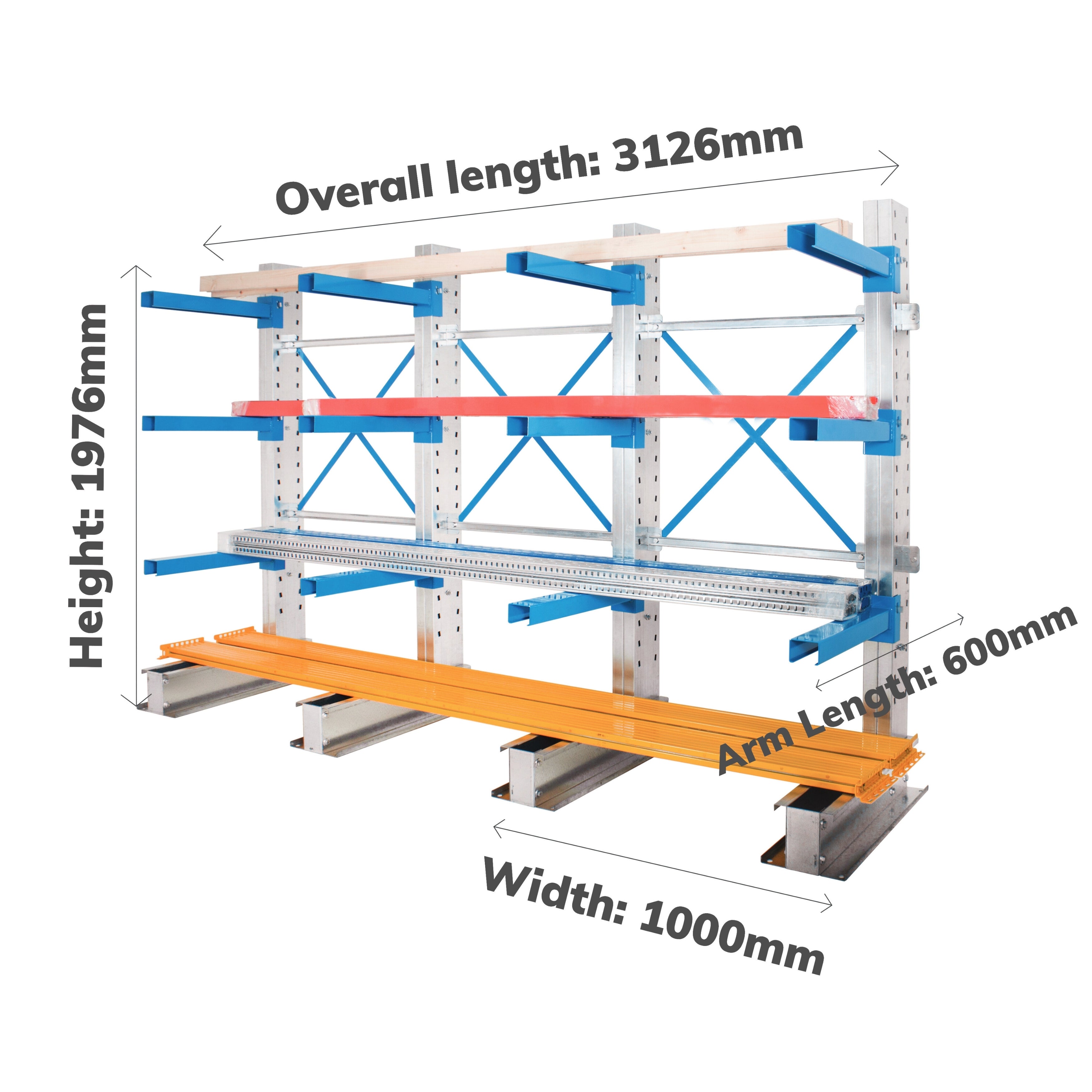 New Cantilever Racking Single Sided - Choose Height - Choose Arm Length - 3 Joined Bays